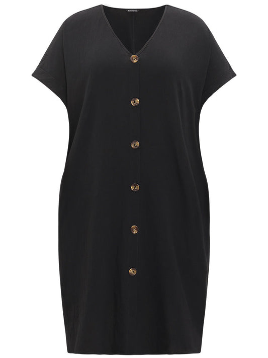 Plain V Neck Button Through Dolman Sleeve Dress