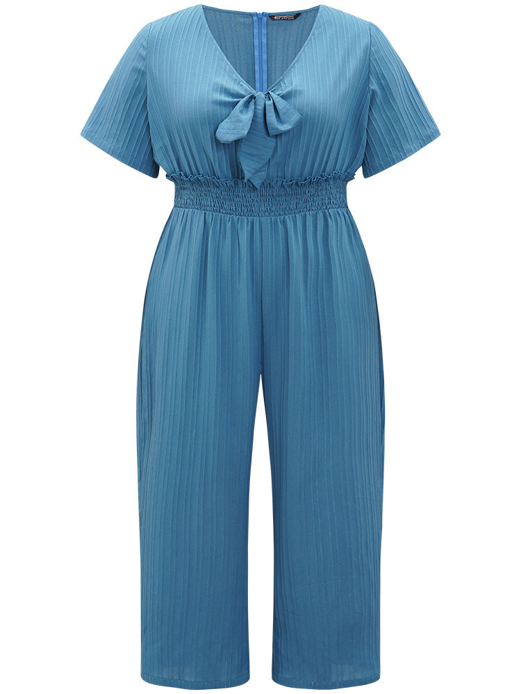 Textured Bowknot V Neck Shirred Pocket Jumpsuit