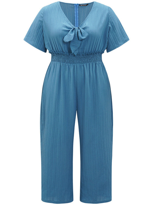 Textured Bowknot V Neck Shirred Pocket Jumpsuit