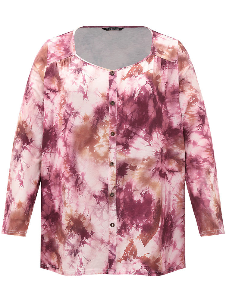 Tie Dye Button Detail Round Neck T-shirt