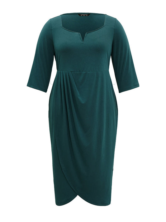 Solid Notched Pleated Wrap Hem Dress