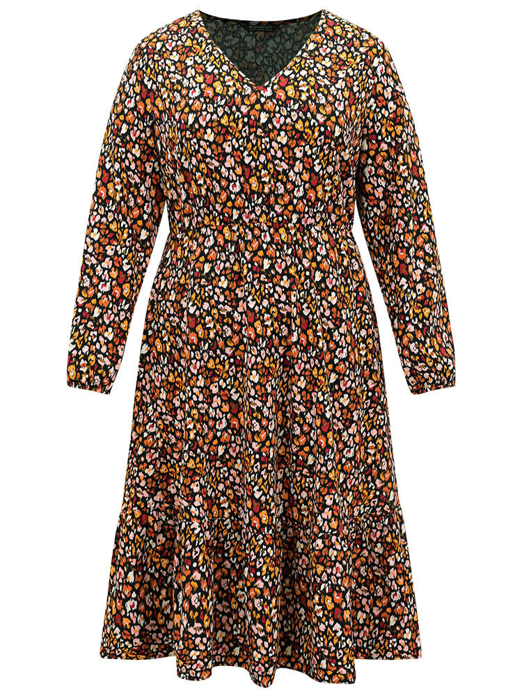 Ditsy Floral Pocket Lantern Sleeve Ruffle Hem Dress