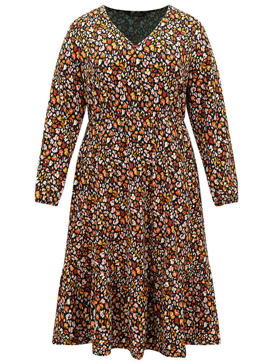 Ditsy Floral Pocket Lantern Sleeve Ruffle Hem Dress