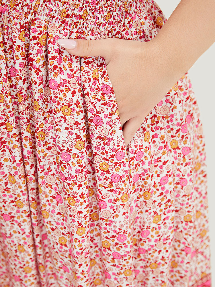 Bandana Printed Pocket Batwing Sleeve Shirred Wrap Dress