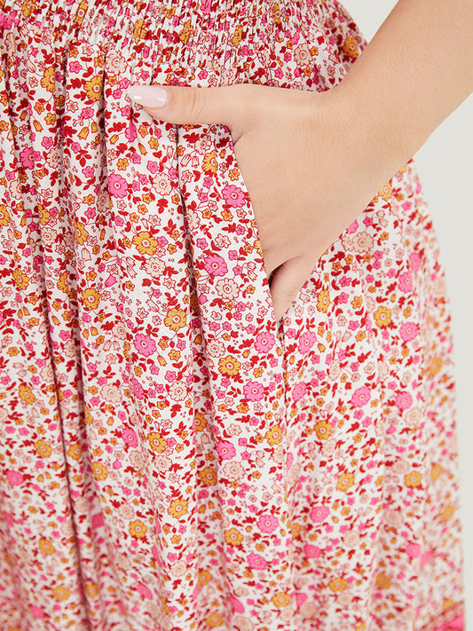 Bandana Printed Pocket Batwing Sleeve Shirred Wrap Dress