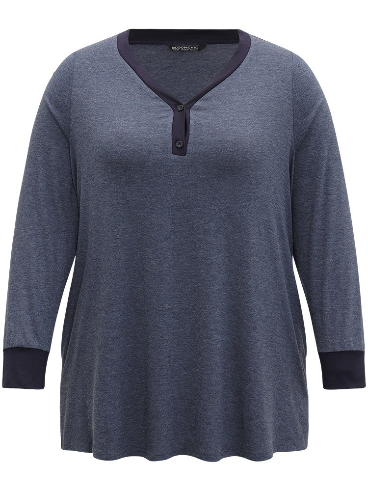 V Neck Button Up Contrast Elastic Cuffs Pocket T-shirt