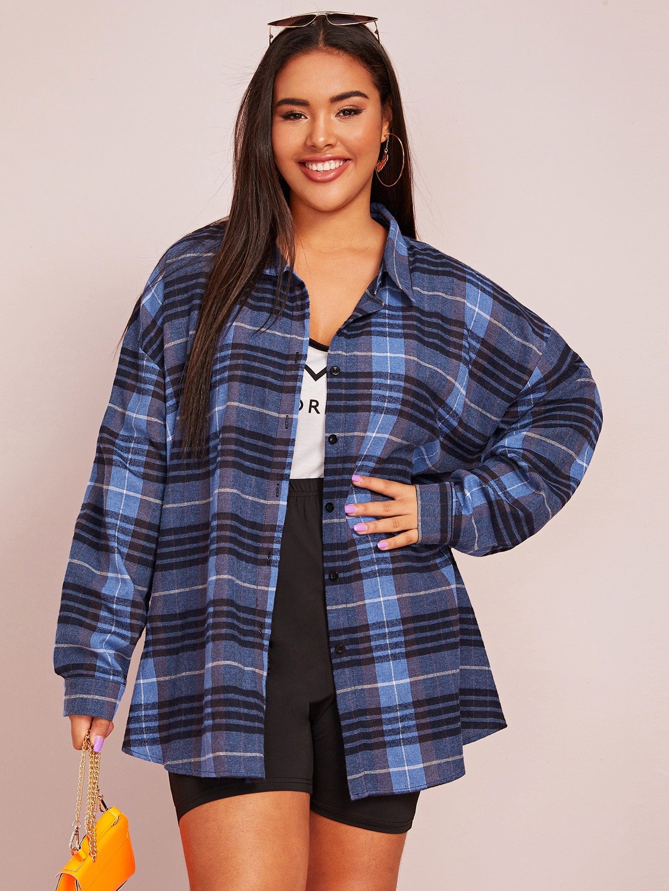 Plaid Print Curved Hem Overshirt