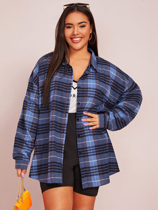 Plaid Print Curved Hem Overshirt