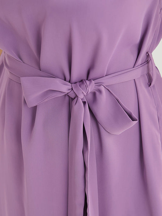 Solid Cap Sleeve Pocket Ruffle Keyhole Belted Pleated Dress