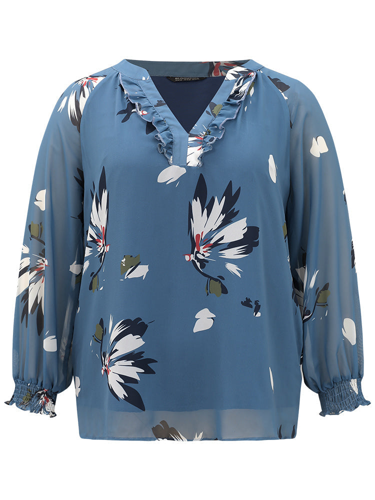 Floral Print Shirred Ruffles Mesh Blouse