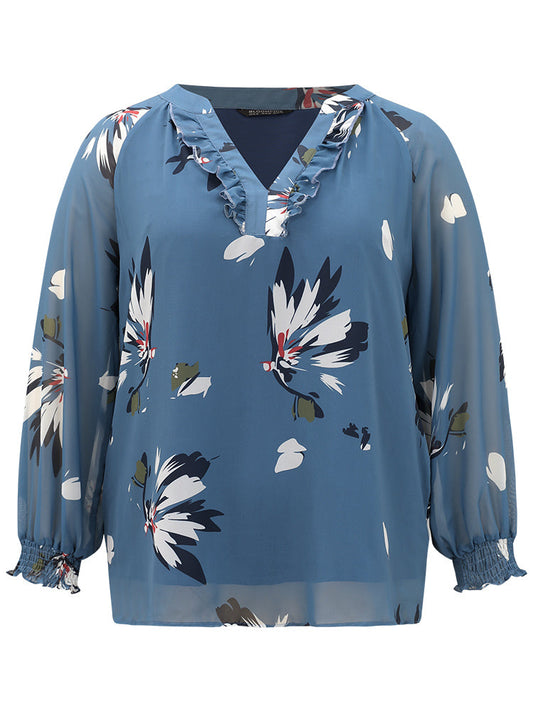 Floral Print Shirred Ruffles Mesh Blouse