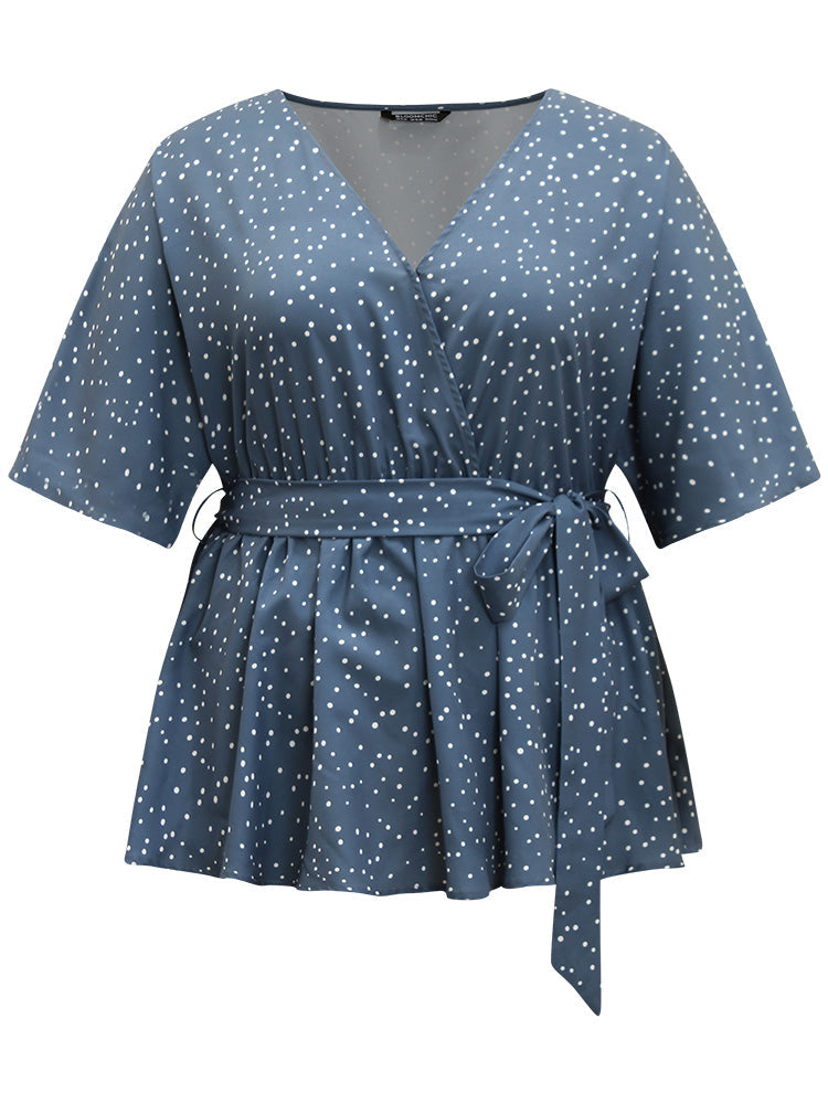 Polka Dot Flutter Sleeve Wrap Belted Blouse