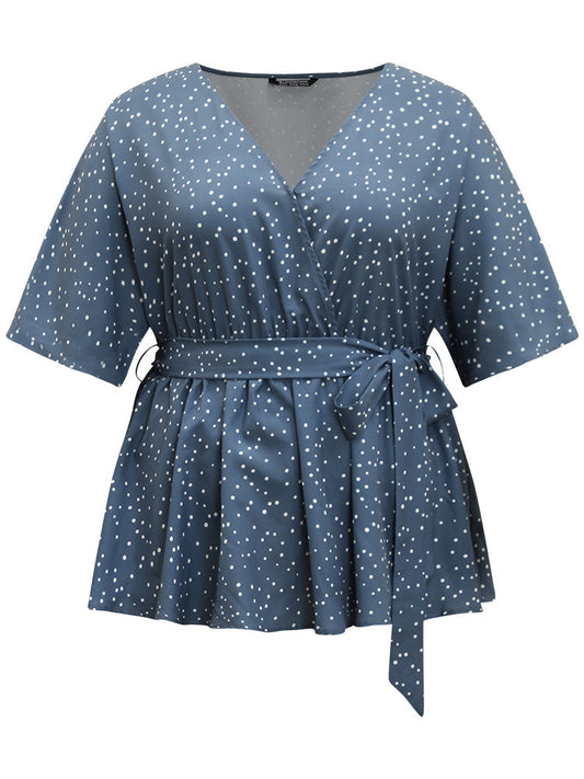 Polka Dot Flutter Sleeve Wrap Belted Blouse