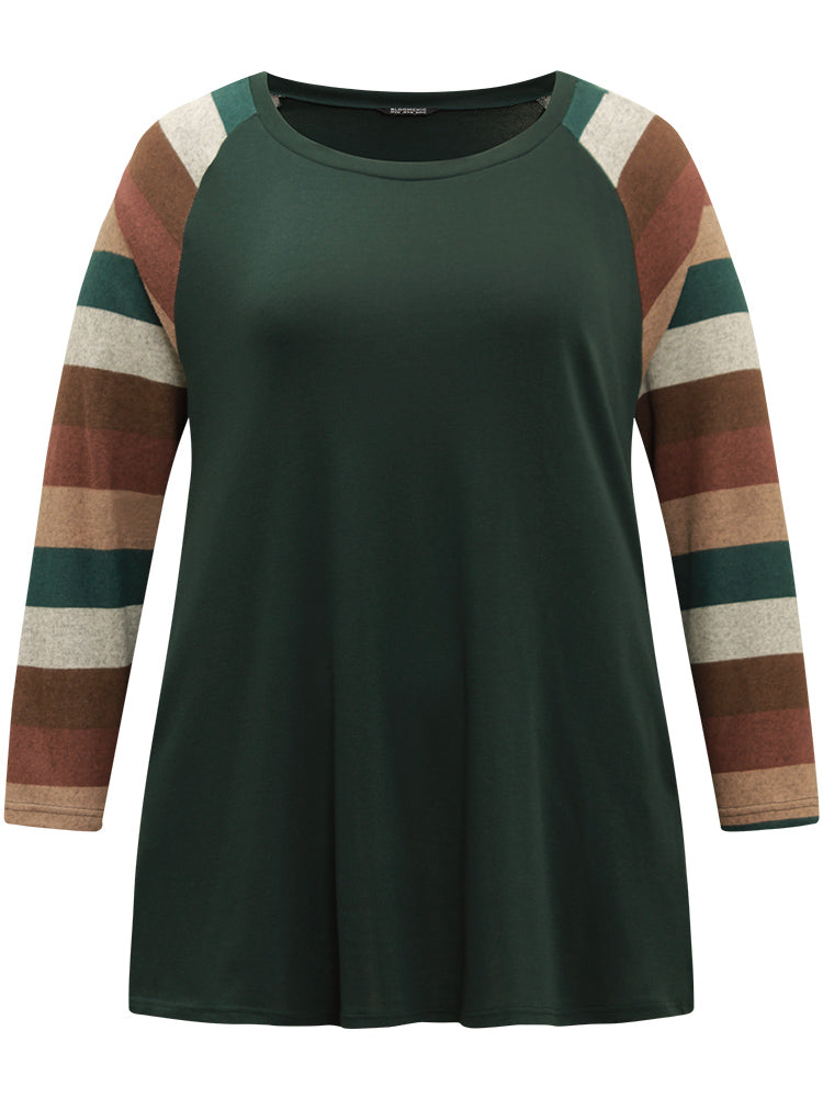 Striped Colorblock Contrast Pocket Raglan Sleeve T-shirt