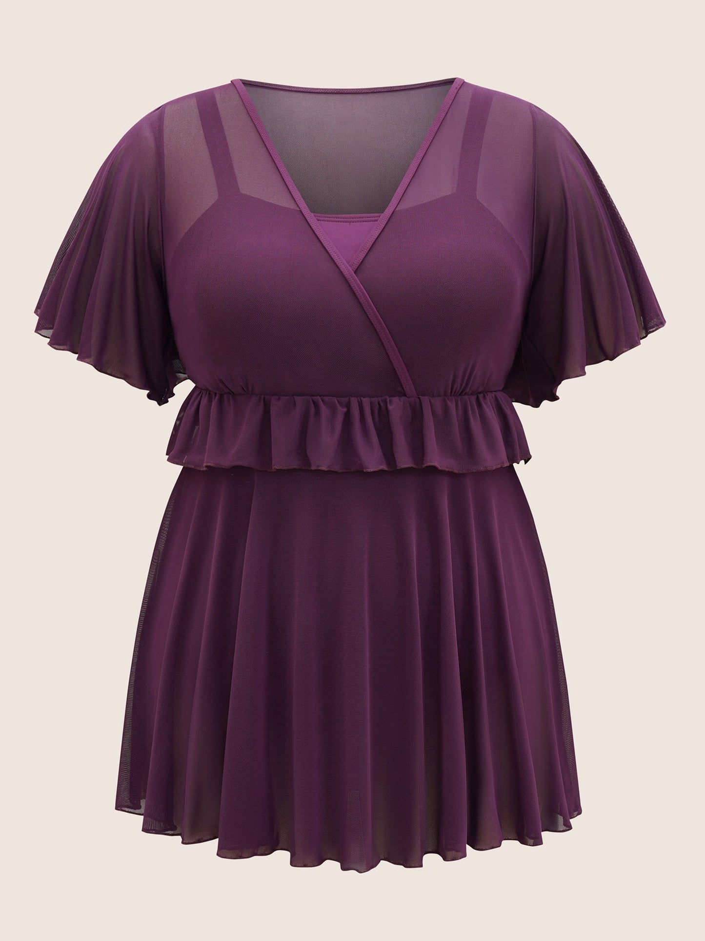 Layered Ruffle Trim Mesh Swim Dress