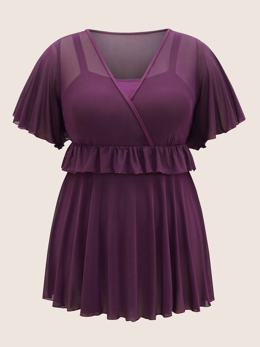 Layered Ruffle Trim Mesh Swim Dress