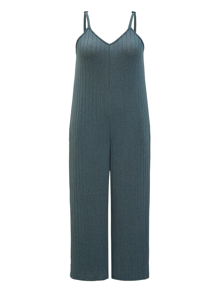 Plain Rib Knit Pocket Spaghetti Strap Jumpsuit