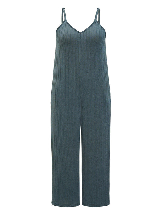 Plain Rib Knit Pocket Spaghetti Strap Jumpsuit
