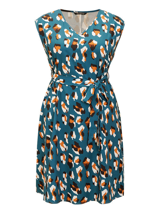 Allover Print Pocket Belted Sleeveless Ruffle Hem Dress
