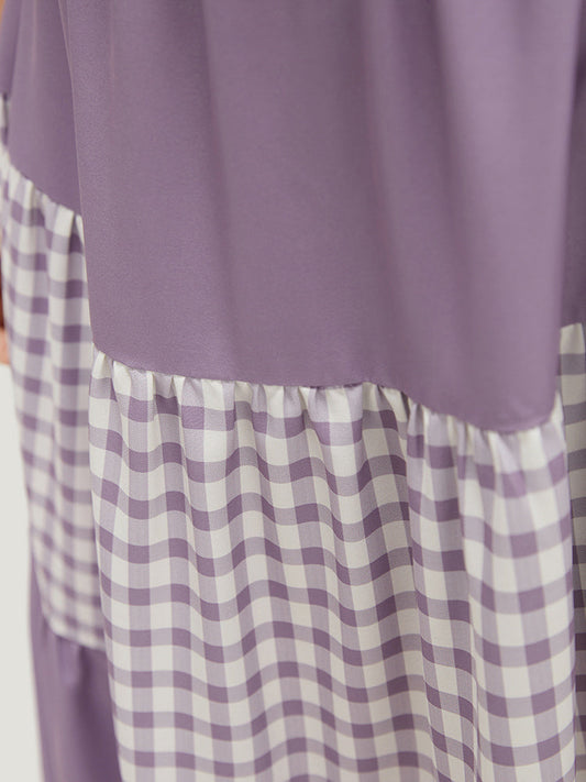 Gingham Patchwork Square Neck Ruffle Sleeve Pocket Tiered Hem Dress