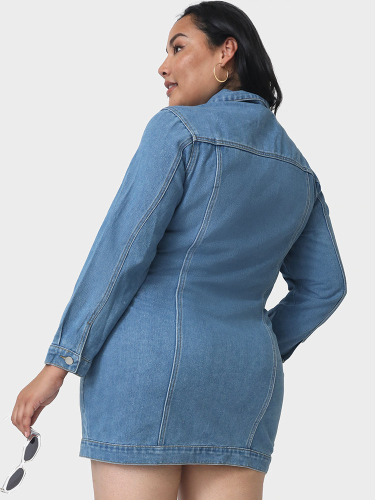 Pocket Lapel Collar Denim Dress