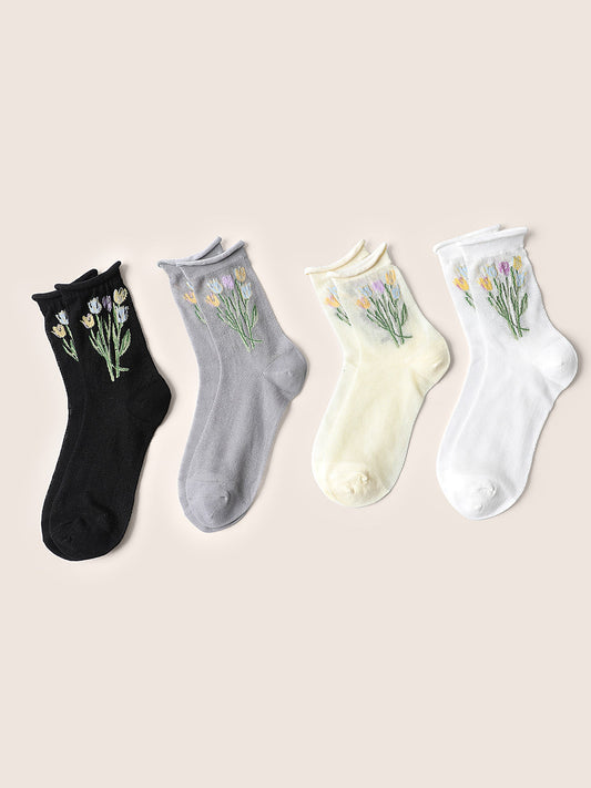 4 Pairs Tulip Pattern Mid Calf Socks
