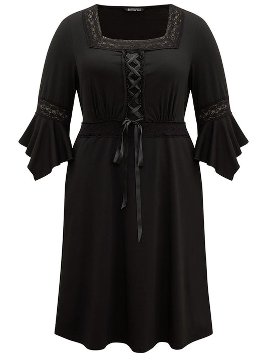 Halloween Square Neck Lace Up Knot Bell Sleeve Dress