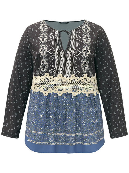 Bandana Print Tie Crochet Lace Blouse