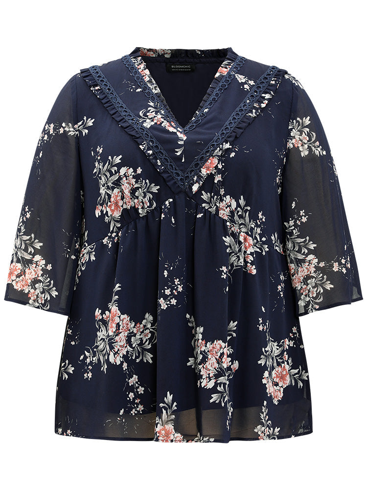 Chiffon Floral Print Frill Trim Ruffle Blouse