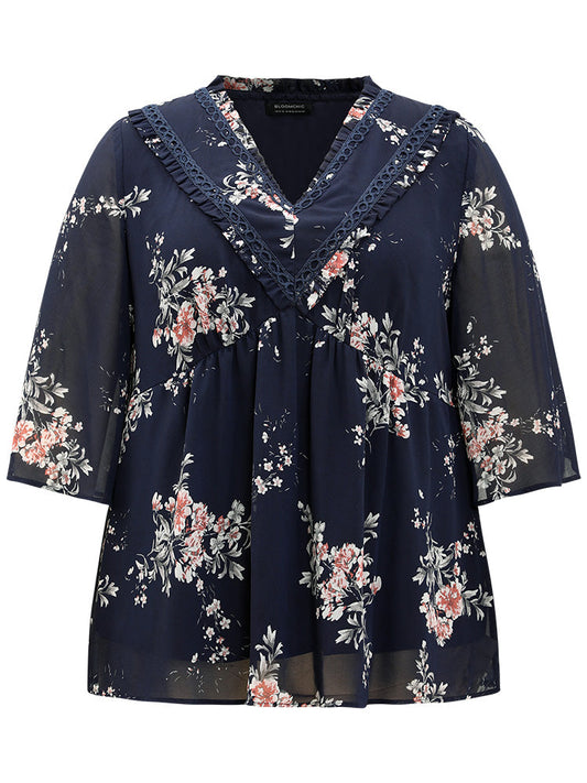 Chiffon Floral Print Frill Trim Ruffle Blouse