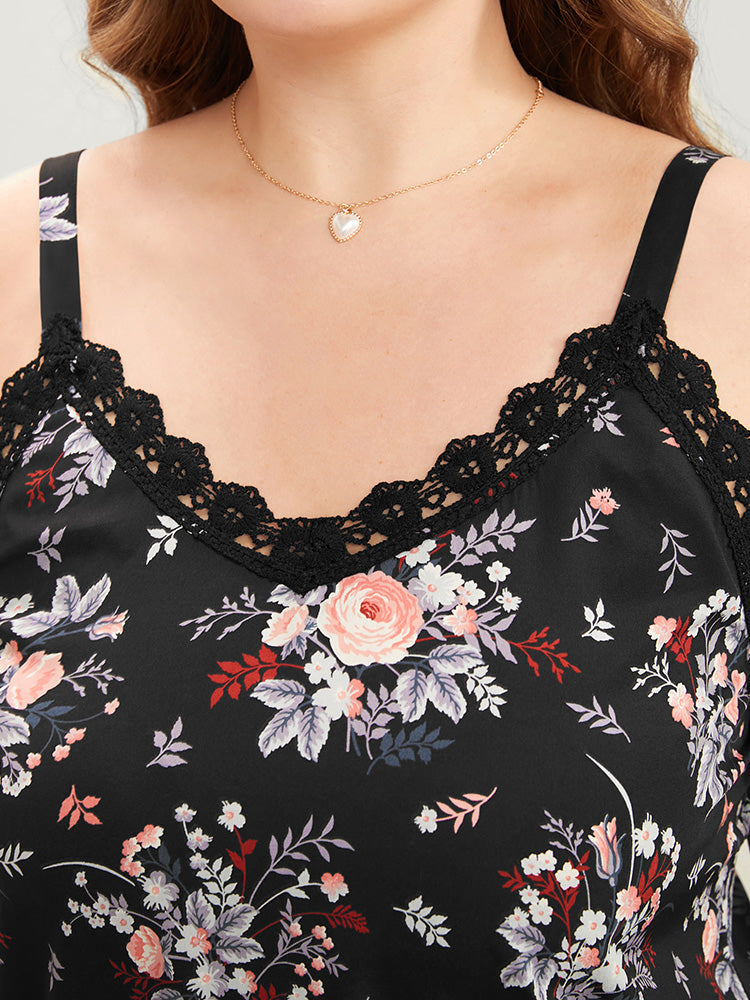 Floral Print Lace Trim Cami Top