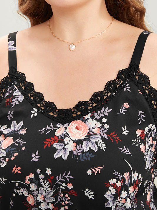 Floral Print Lace Trim Cami Top