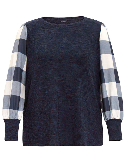 Rib Knit Plaid Patchwork Plisse Sweatshirt