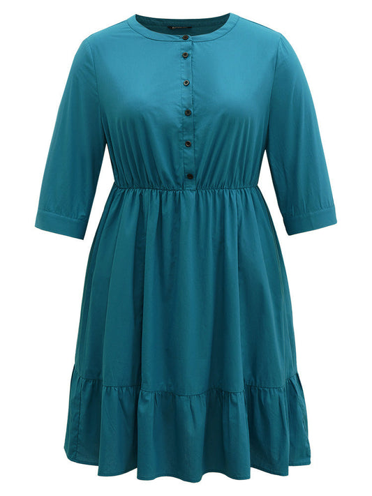 Solid Button Up Ruffles Pocket Gathered Dress