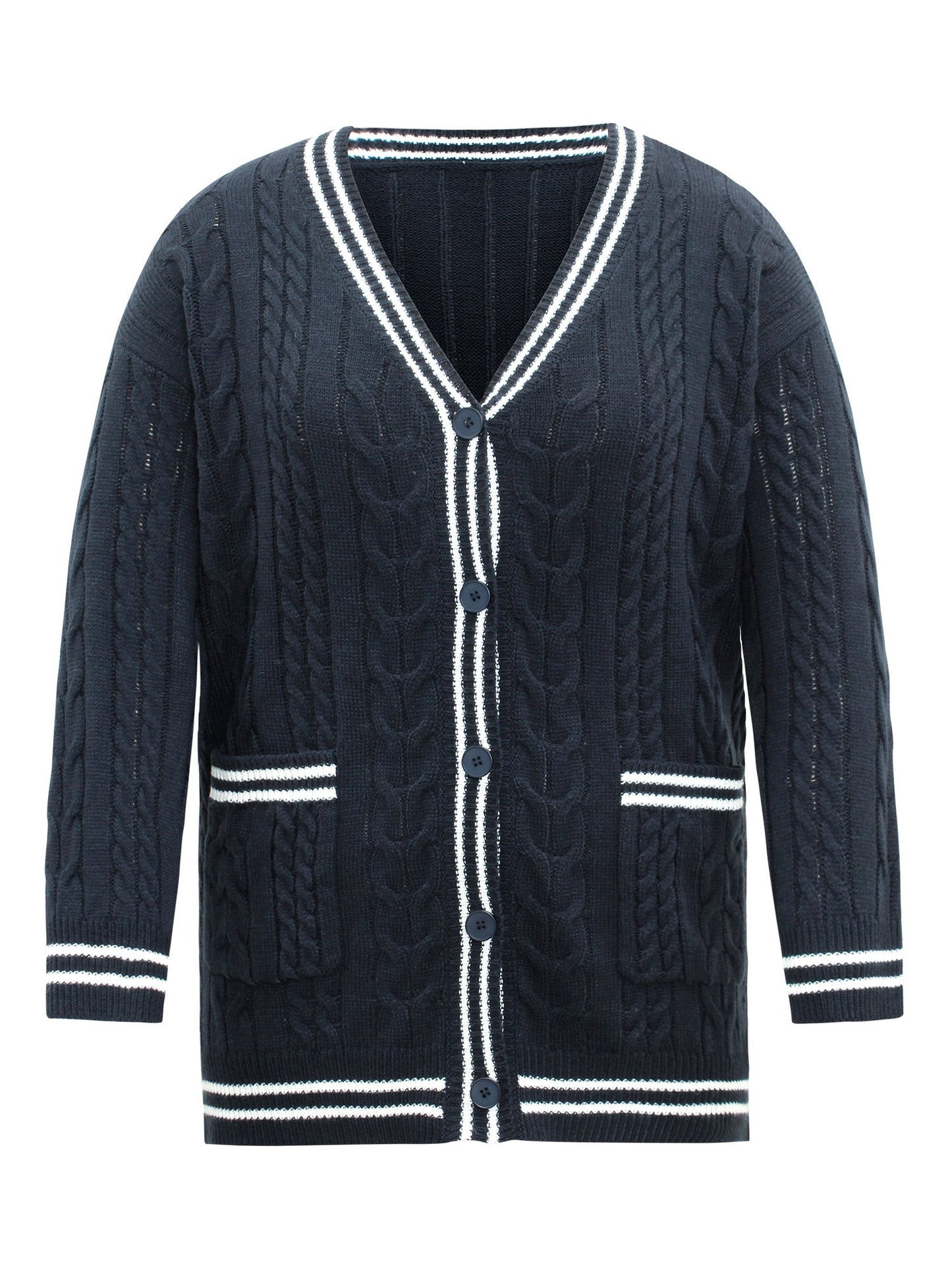 Cable Knit Contrast Striped Button Through Cardigan