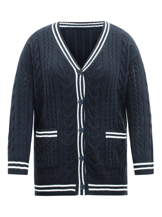 Cable Knit Contrast Striped Button Through Cardigan