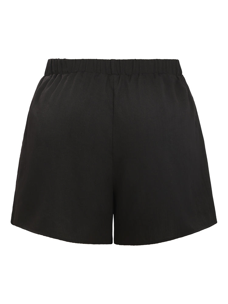 Floral Embroidered Pocket Elastic Waist Shorts