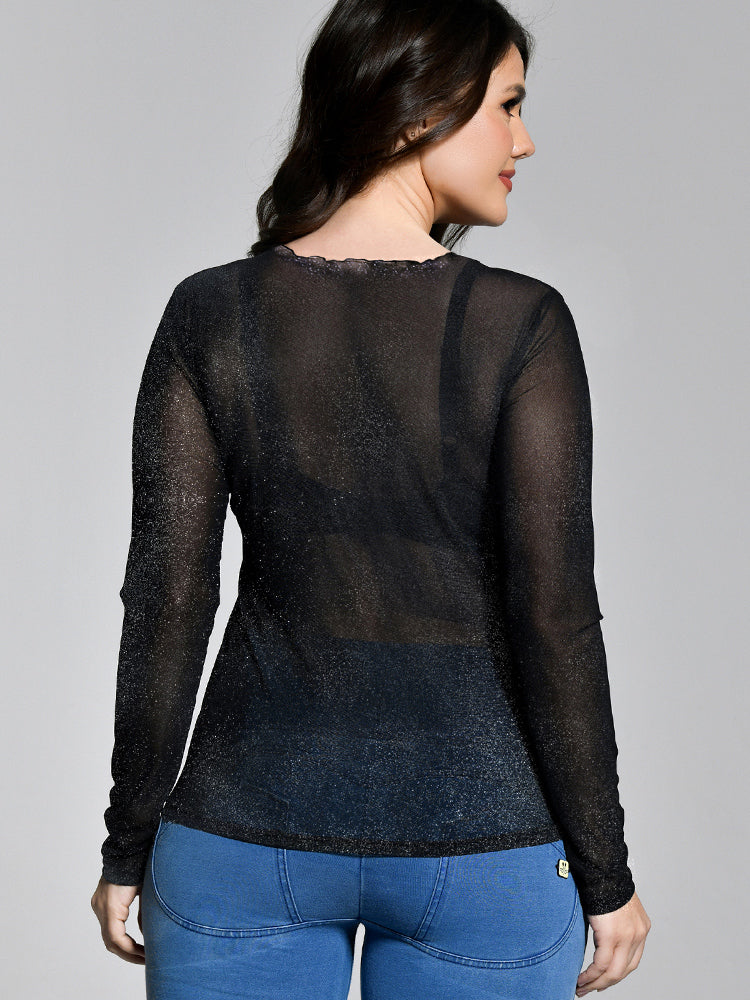 Frill Trim Mesh Sheer T-shirt