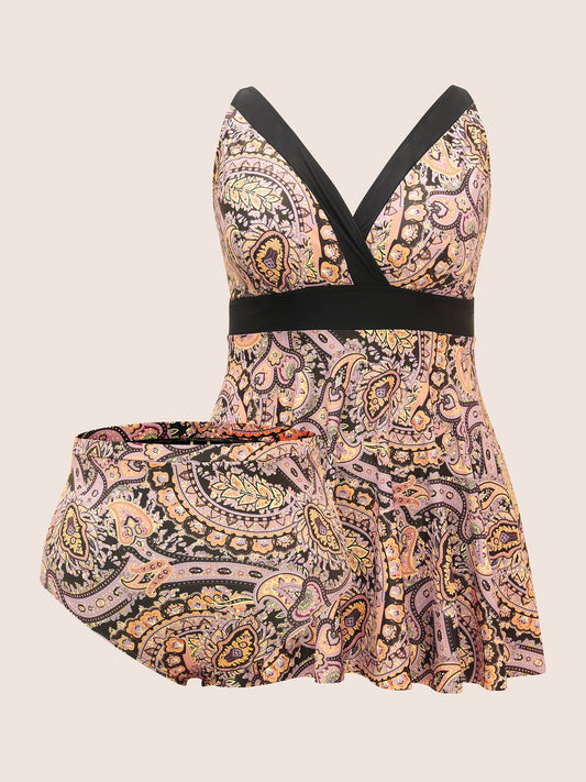 Paisley Print Wrap Contrast Trim Swim Dress