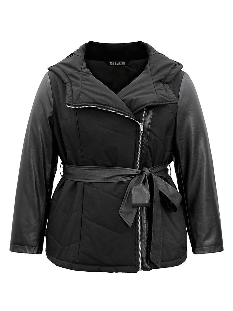 PU Leather Belted Zipper Patchwork Cotton Jacket