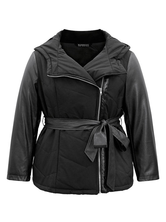 PU Leather Belted Zipper Patchwork Cotton Jacket