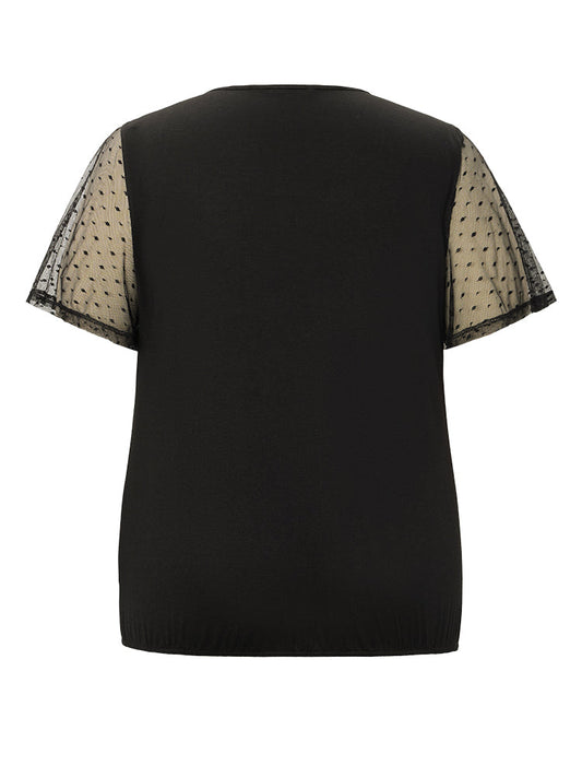 Solid Mesh Patchwork Ruffles Wrap T-shirt