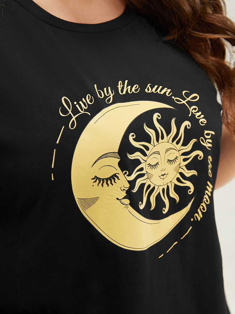 Moon & Letter Print Split Hem T-shirt