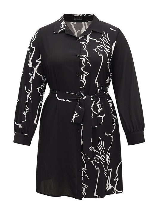 Graphic Shirt Collar Pocket Button Through Belted Dress