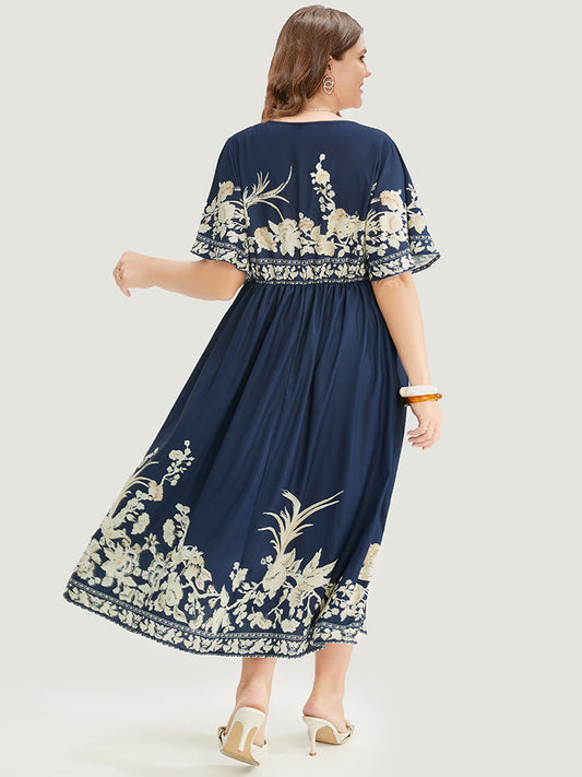 Floral Print Pocket Elastic Waist Ruffle Hem Midi Dress
