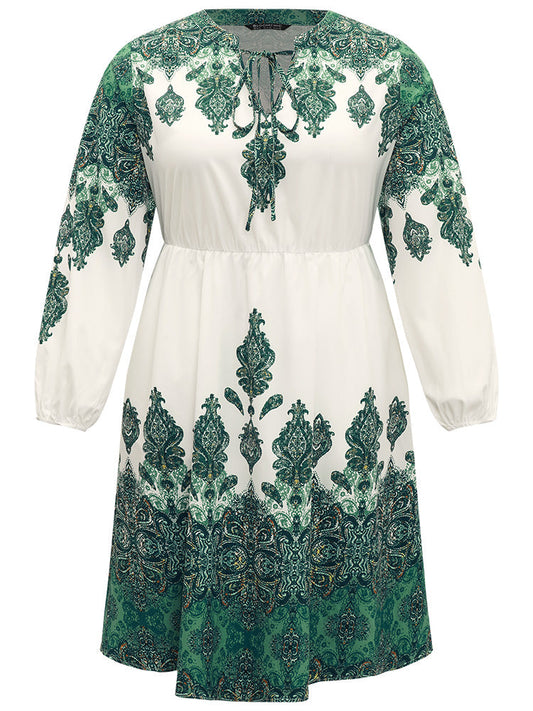 Bandana Print Tie Neck Lantern Sleeve Dress