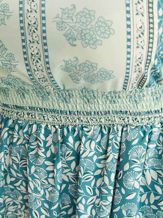 Bandana Print Shirred Pocket V Neck Ruffle Sleeve Dress