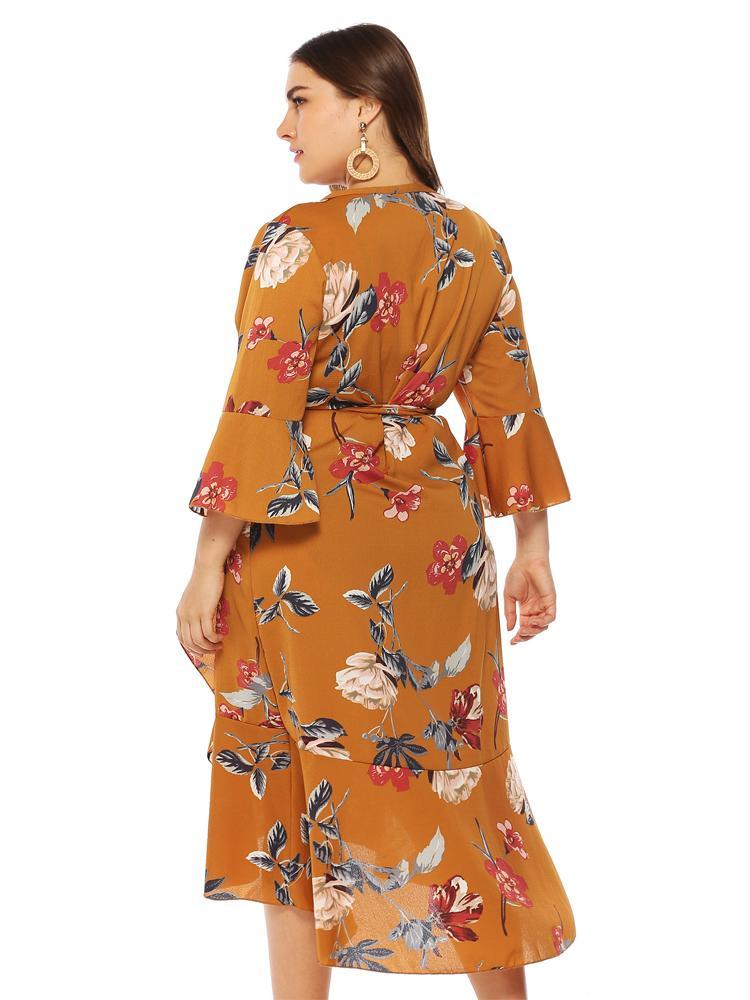 Floral Wrap Ruffle Sleeve Dress