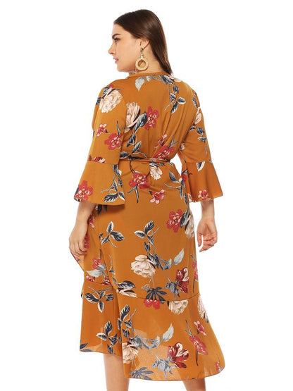 Floral Wrap Ruffle Sleeve Dress