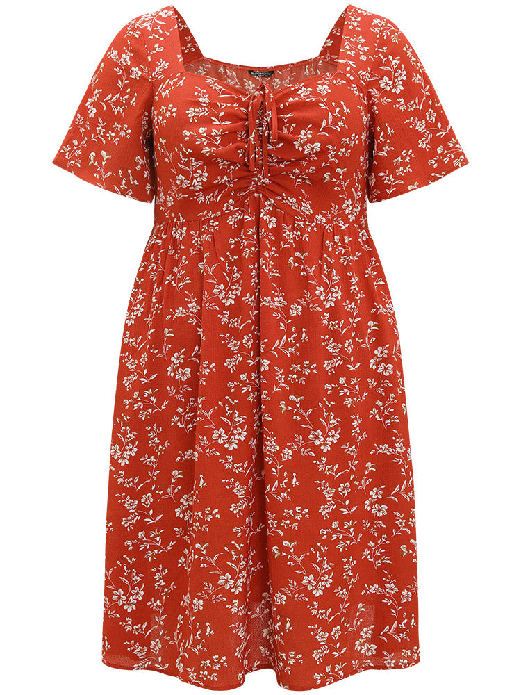 Floral Print Square Neck Ruched Ruffles Drawstring Dress